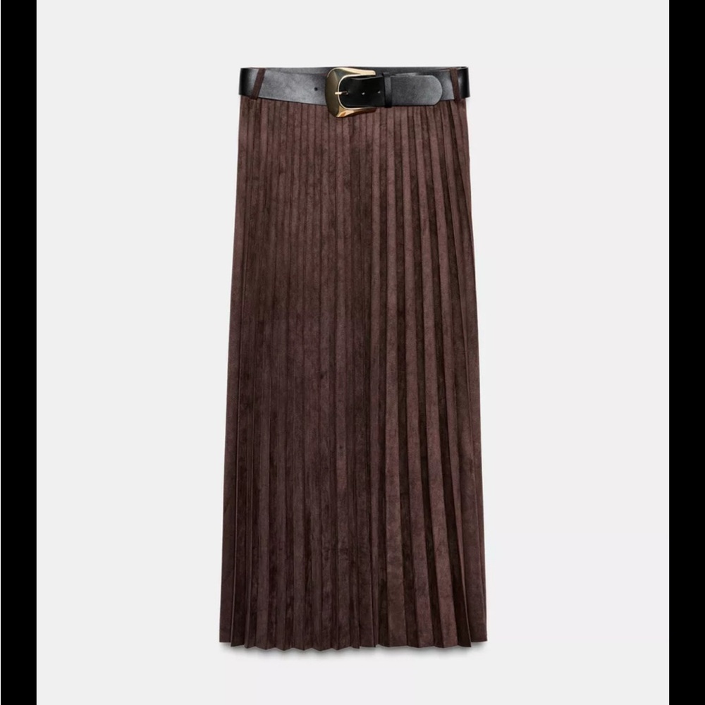 Zara Suede Effect Pleated Skirt with Black Belt